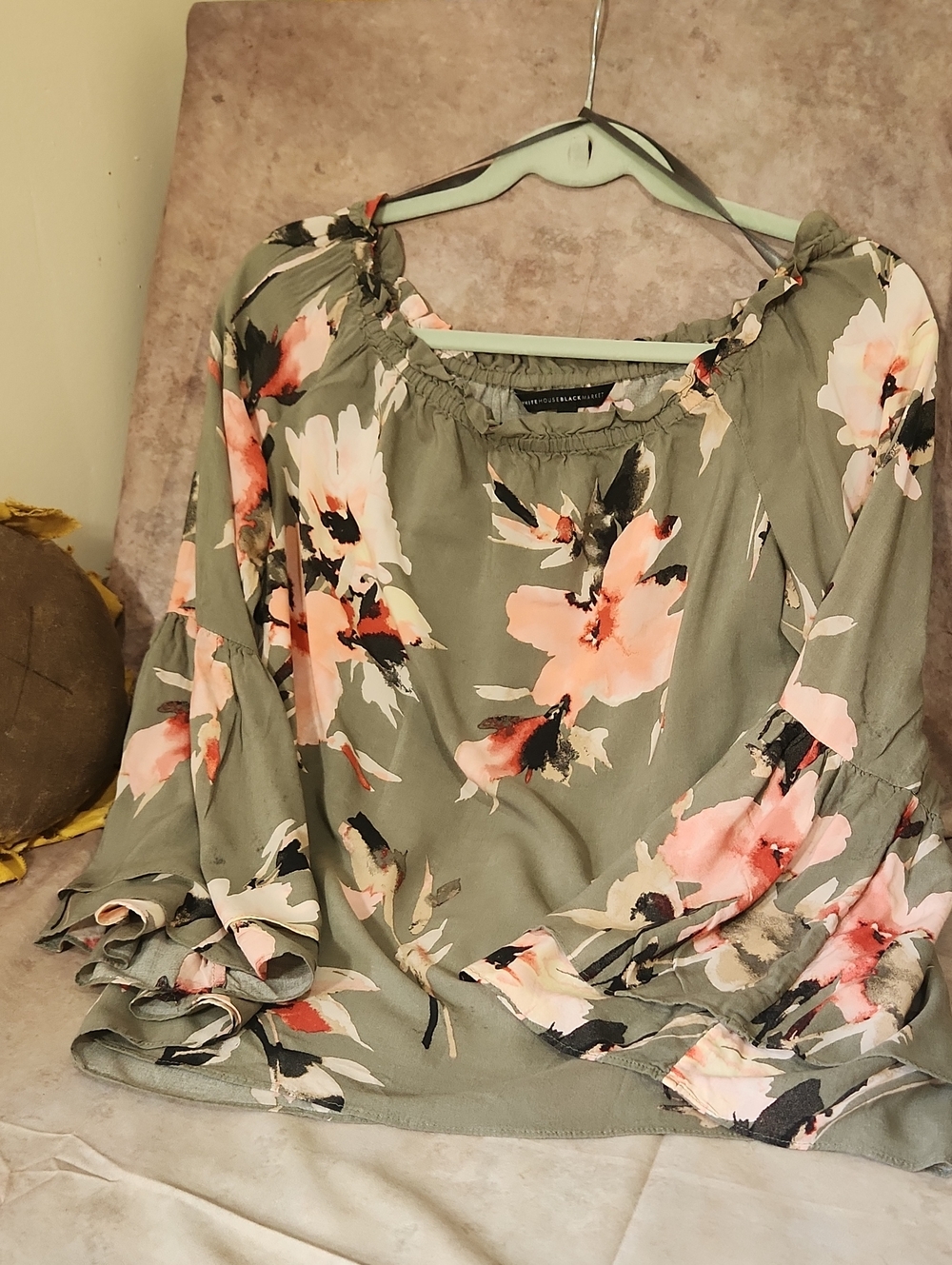 White House Black Market Olive Green Floral Off-Shoulder Top
